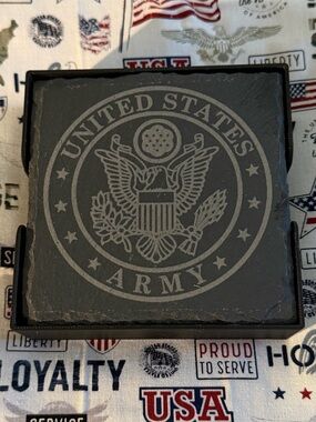 Hand Crafted Laser Engraved Slate Army Coasters with Holders - NWOT.